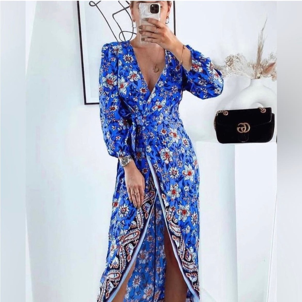 ZARA BLOGGER FAVORITE FLORAL PRINT DRESS BLUE